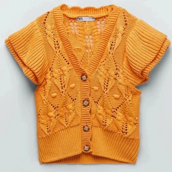 ZARA | Bloggers Fav Orange Knit Ruffled Sleeves Buttoned Short Cardigan Size M - Picture 10 of 15
